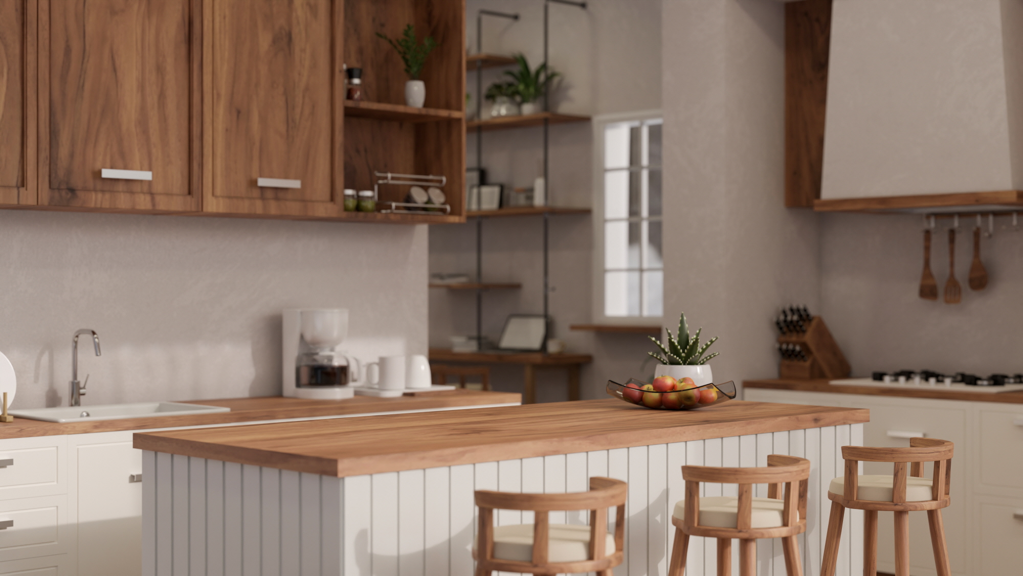 Match island material with stools, like wooden ones, for a stylish look.