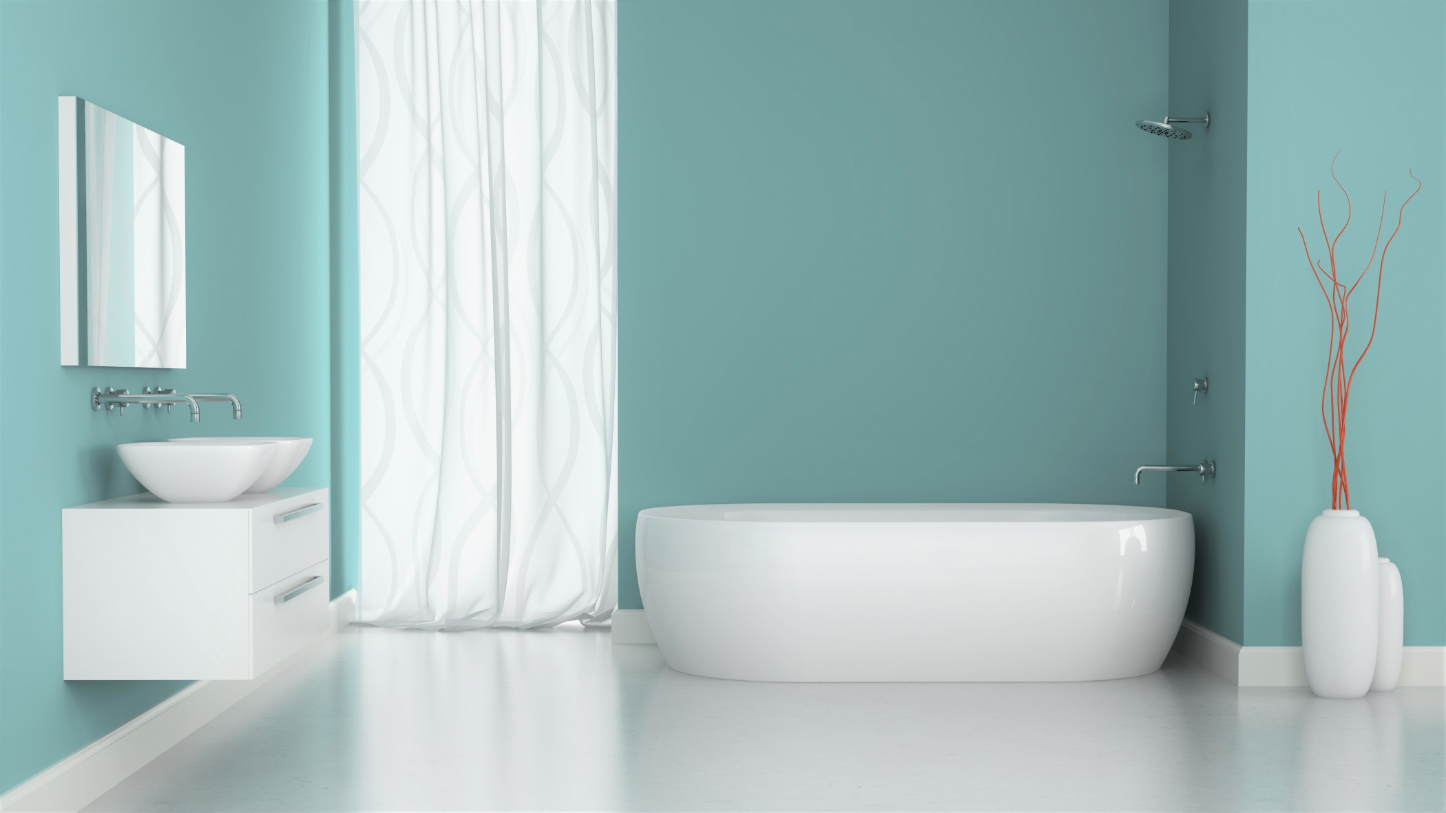 Powder Blue offers a tranquil and spacious bathroom ambiance.