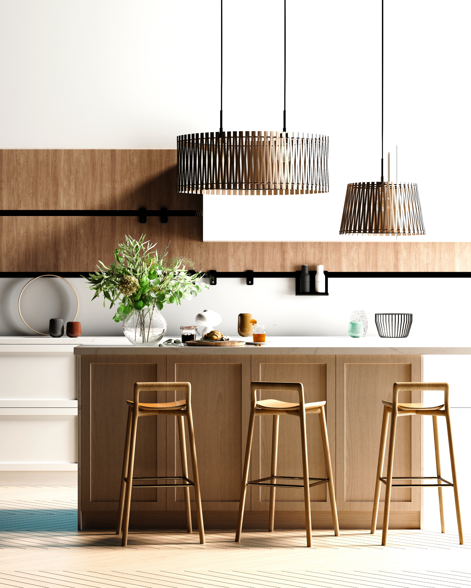Natural elements and lighting, such as herb gardens and warm wood tones, create a larger and more welcoming ambiance in the kitchen.