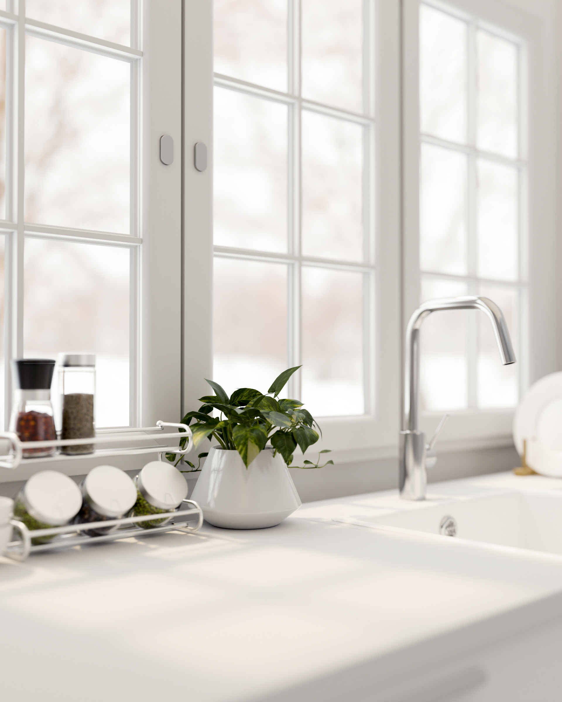 Clean and tidy spaces created with window treatments make the kitchen look more spacious.