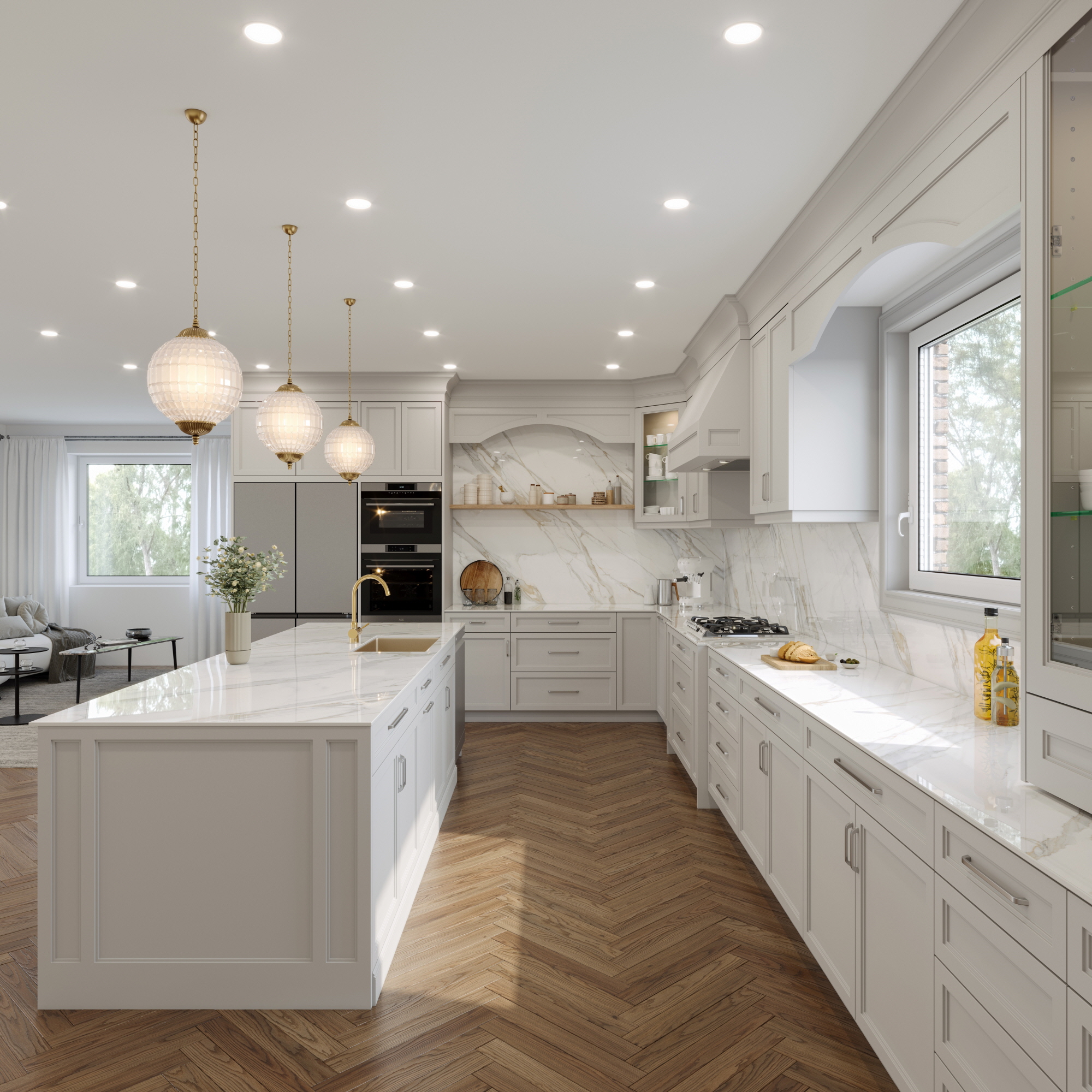 LX Hausys TERACANTO – Perfectly balanced veins of rich gold and cool gray sweep across a polished white base, Calacatta Gold creates a refined, alluring and classic aesthetic.