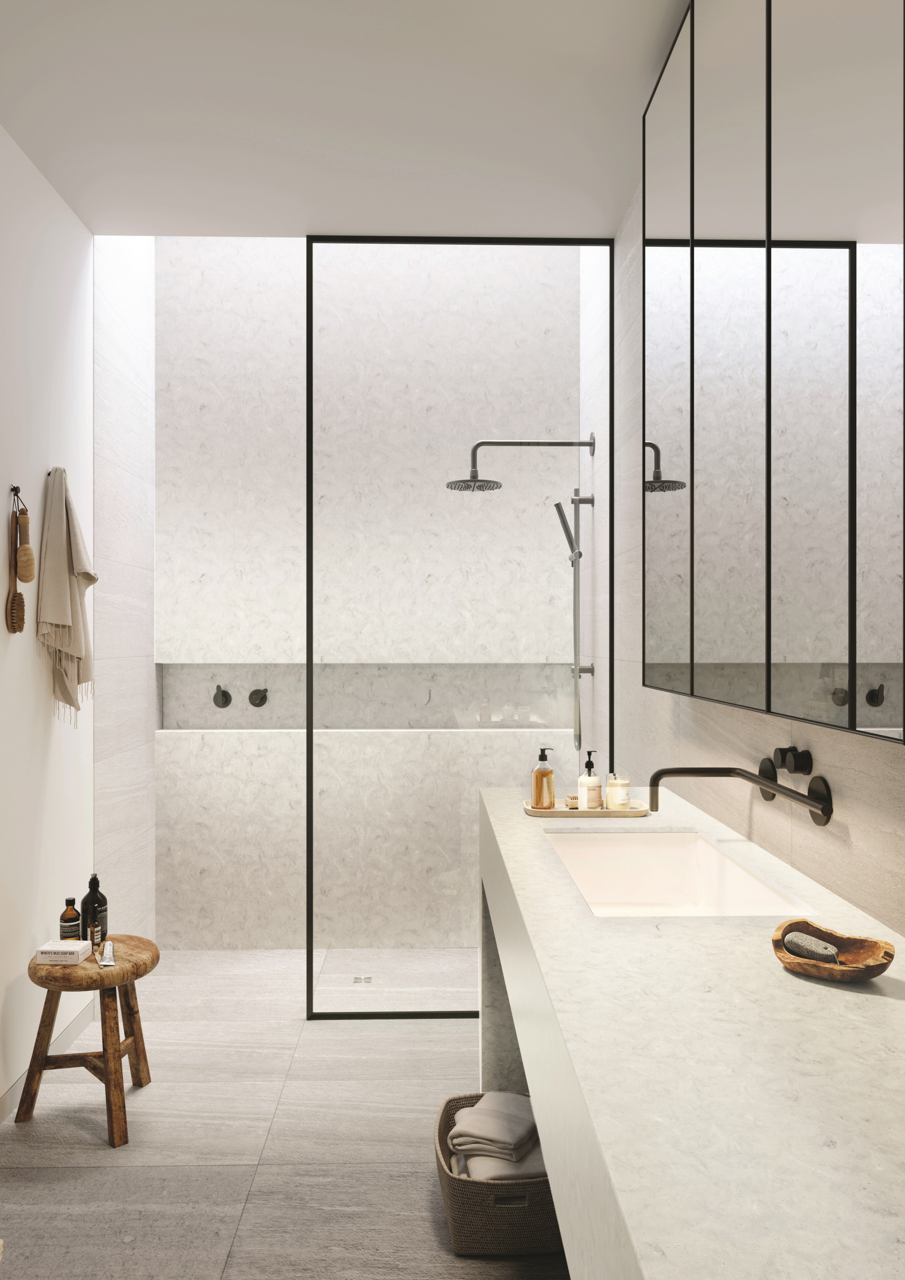 Light colors can make small bathrooms appear larger. Shades like white, soft pastels, and light gray work well with a variety of design elements.