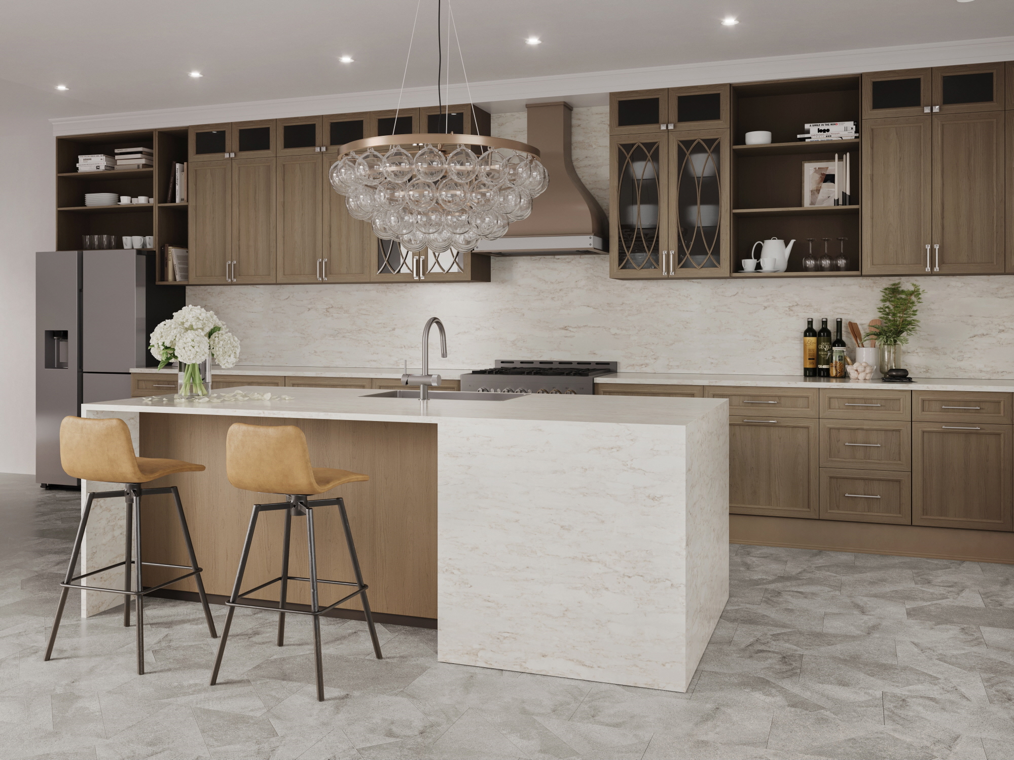Installing a chandelier can brighten your kitchen and add a touch of glamor.