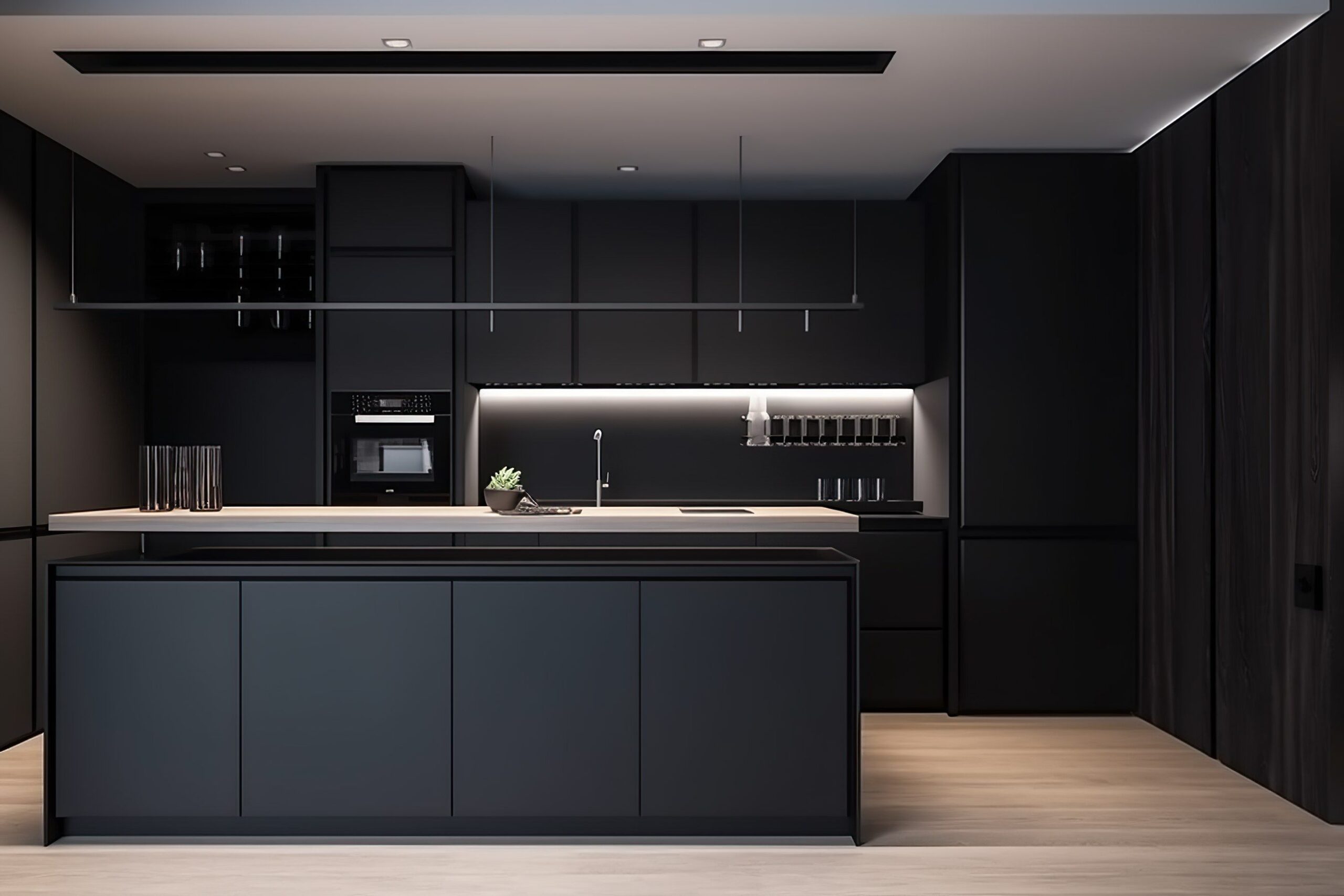 Achieve a sleek look in your kitchen with a black countertop, and maintain a minimalist style by avoiding excessive decoration.