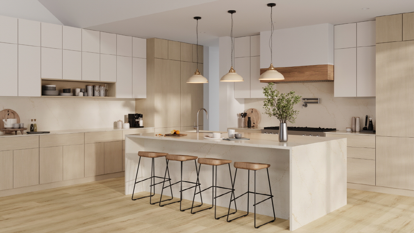 VIATERA Dorato Kitchen inspired by natural stone’s layered taupe and golden-brown veining flows