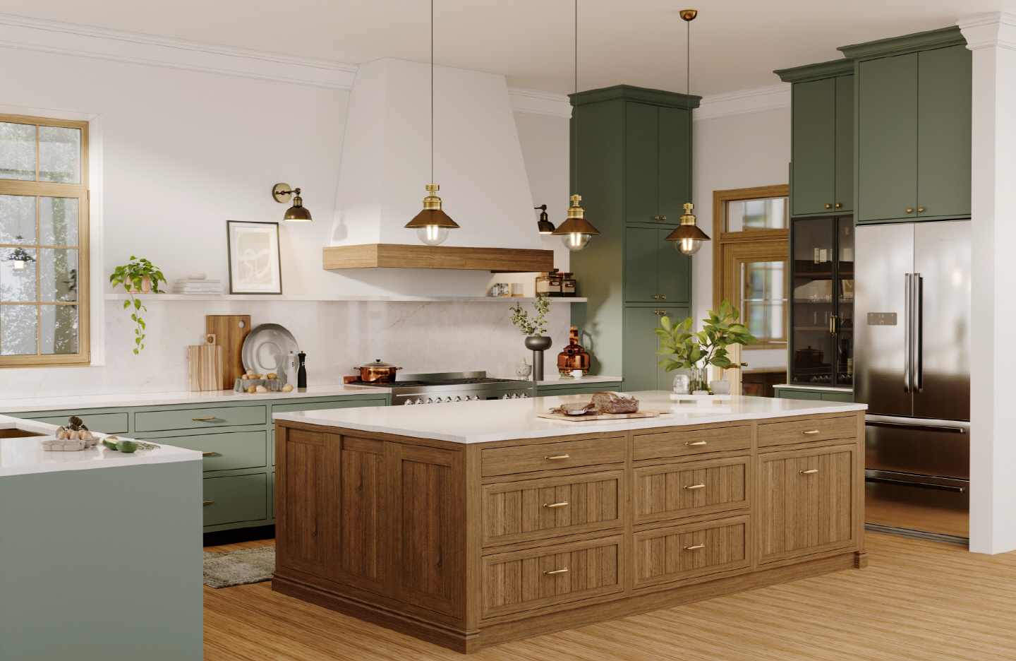 Inviting kitchen with VIATERA Mistica quartz countertop and BORTE Hazy green cabinet