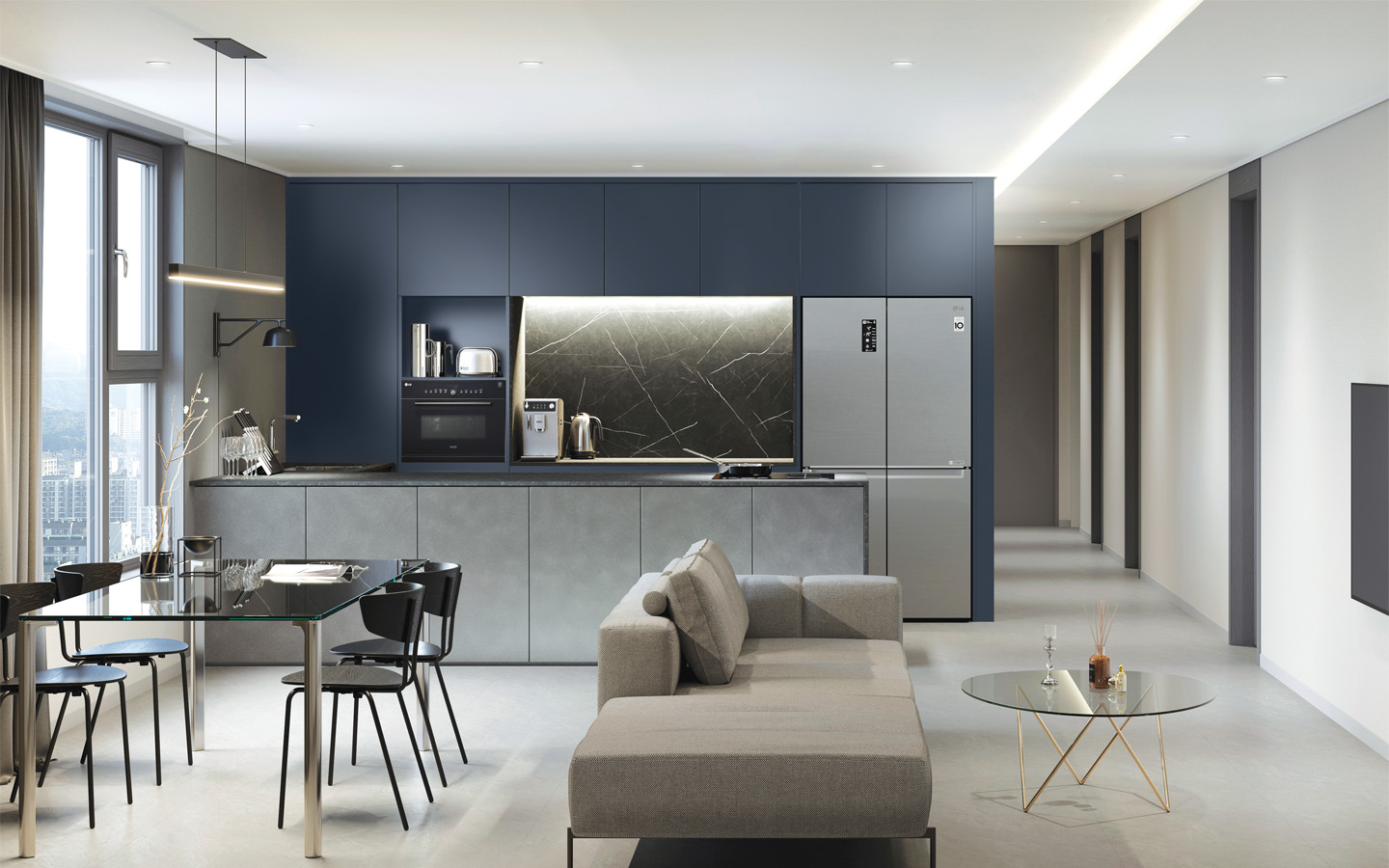 Stylish kitchen with the use of BORTE panels Brushed Grey and Deep Blue
