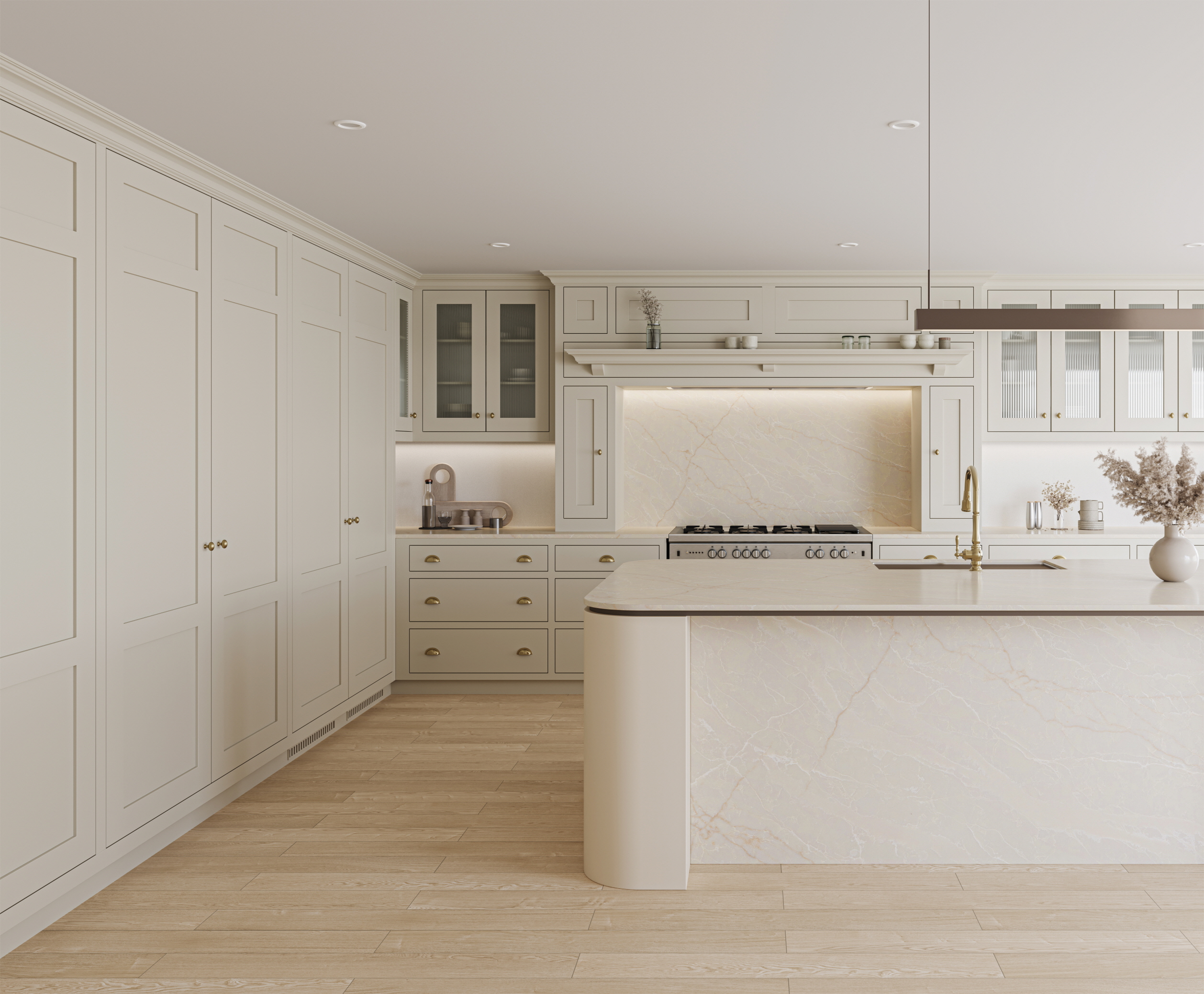 VIATERA Taj Crema Quartz Countertop with warm white and earthy gold veins